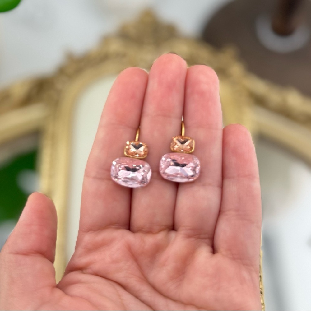 Pink Crystal Drop Earrings – Gold-Plated Stainless Steel - Picture 9 of 10